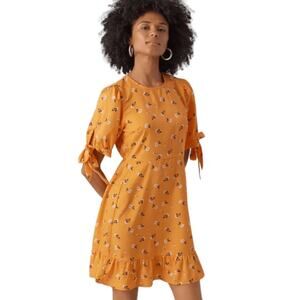 Vero Mada Women's Orange Floral Tie Short Sleeve Mini Dress M NWT